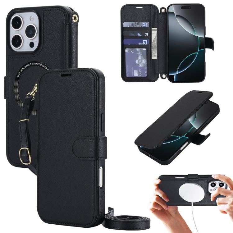 Custodia per telefono in ecopelle con texture litchi, magnetica, RFID, con tracolla e cinturino da polso., For iPhone 16 Pro Max, For iPhone 16 Pro
