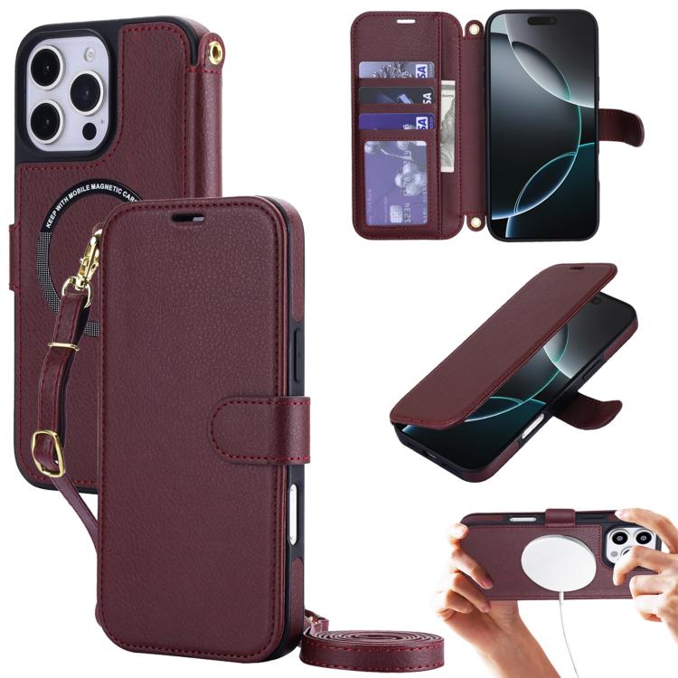 Custodia per telefono in ecopelle con texture litchi, magnetica, RFID, con tracolla e cinturino da polso., For iPhone 16 Pro Max, For iPhone 16 Pro