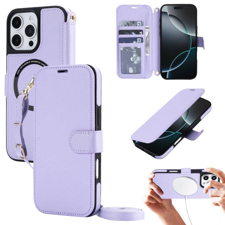 Custodia per telefono in ecopelle con texture litchi, magnetica, RFID, con tracolla e cinturino da polso., For iPhone 16 Pro Max, For iPhone 16 Pro