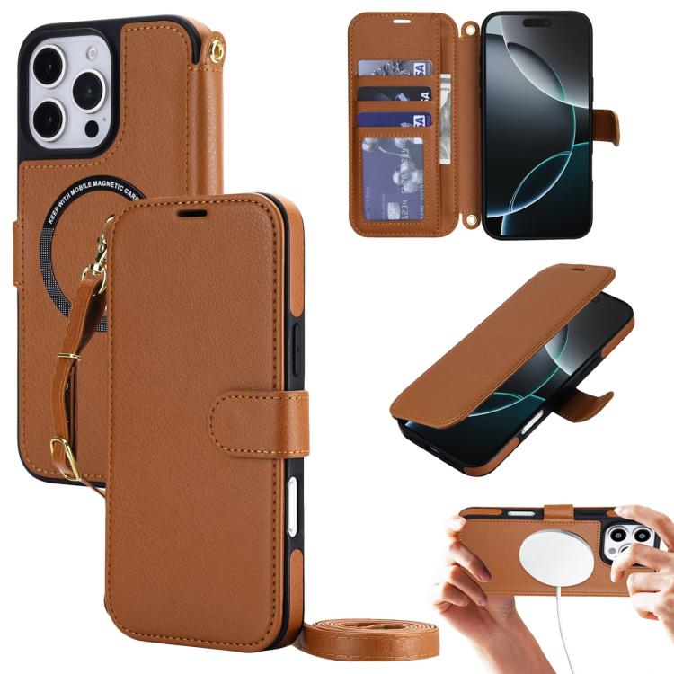 Custodia per telefono in ecopelle con texture litchi, magnetica, RFID, con tracolla e cinturino da polso., For iPhone 16 Pro Max, For iPhone 16 Pro