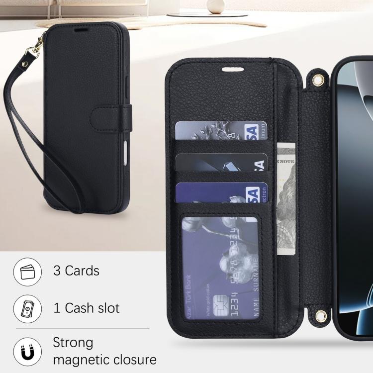 Custodia per telefono in ecopelle con texture litchi, magnetica, RFID, con tracolla e cinturino da polso., For iPhone 16 Pro Max, For iPhone 16 Pro