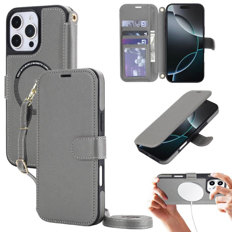 Custodia per telefono in ecopelle con texture litchi, magnetica, RFID, con tracolla e cinturino da polso., For iPhone 16 Pro Max, For iPhone 16 Pro