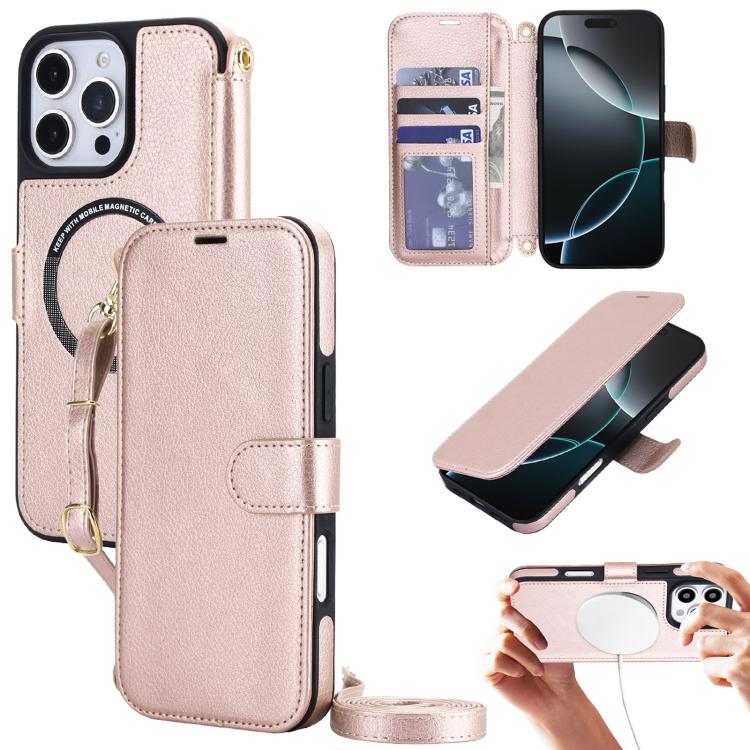 Custodia per telefono in ecopelle con texture litchi, magnetica, RFID, con tracolla e cinturino da polso., For iPhone 16 Pro Max, For iPhone 16 Pro