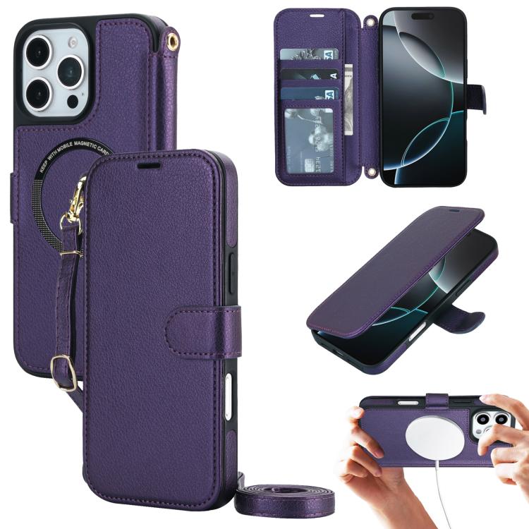 Custodia per telefono in ecopelle con texture litchi, magnetica, RFID, con tracolla e cinturino da polso., For iPhone 16 Pro Max, For iPhone 16 Pro