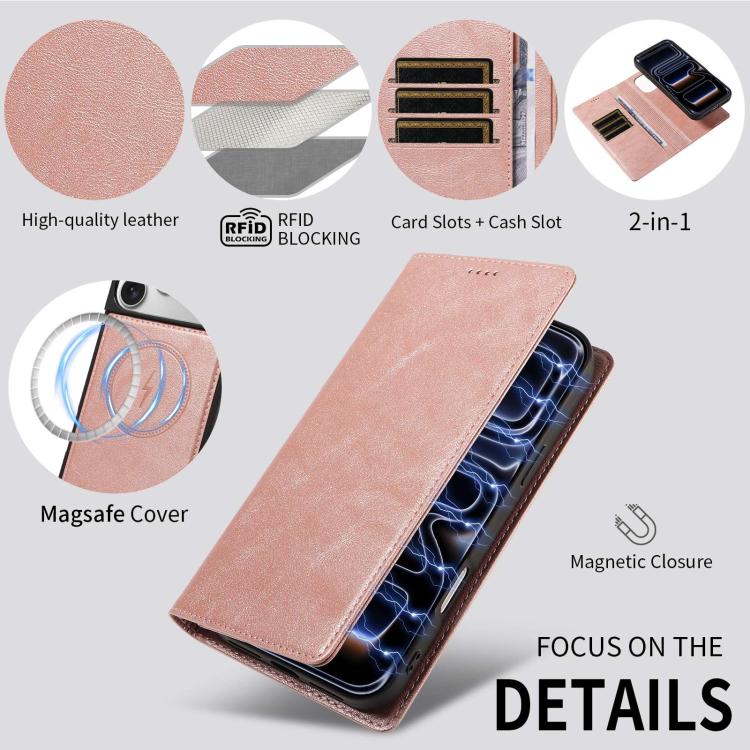 Custodia per telefono in ecopelle vegana con texture in pelle bovina, protezione RFID, rimovibile e magnetica 2 in 1., For iPhone 18 Pro, For iPhone 18 Pro Max, For iPhone 17 Pro Max, For iPhone 17 Pro