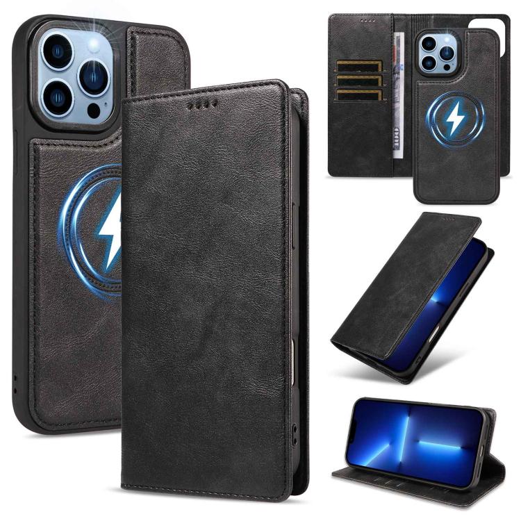 Custodia per telefono in ecopelle vegana con texture in pelle bovina, protezione RFID, rimovibile e magnetica 2 in 1., For iPhone 14 Pro, For iPhone 14 Pro Max, For iPhone 13 Pro Max, For iPhone 13 Pro