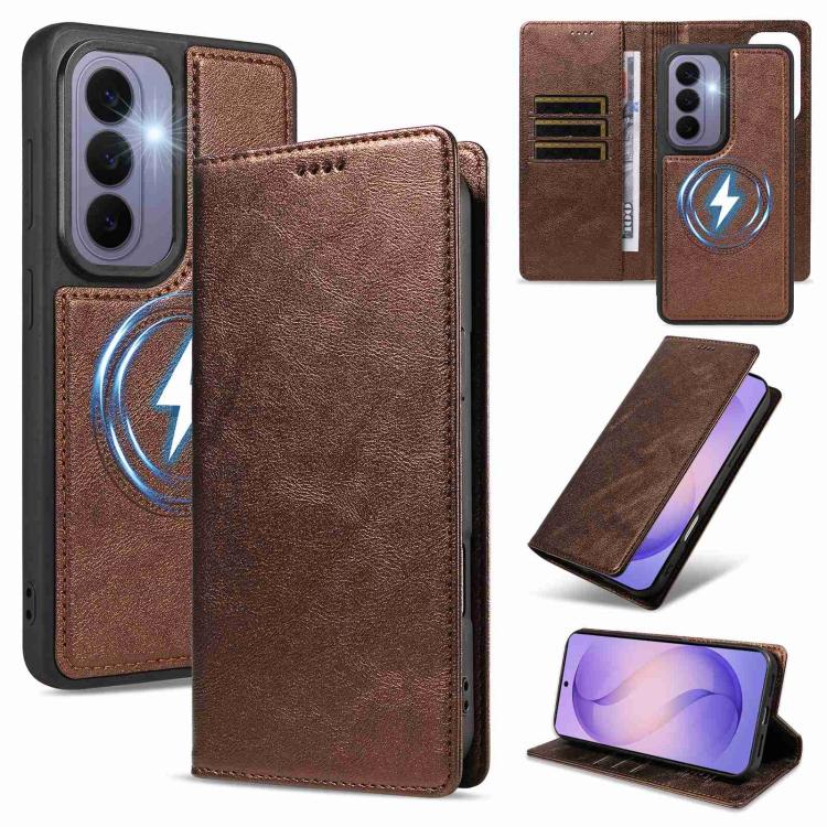 Custodia per telefono in ecopelle vegana con texture in pelle bovina, protezione RFID, rimovibile e magnetica 2 in 1., For Galaxy S26+ 5G, For Galaxy S26 Ultra 5G, For Galaxy S26 5G, For Galaxy S25 FE 5G