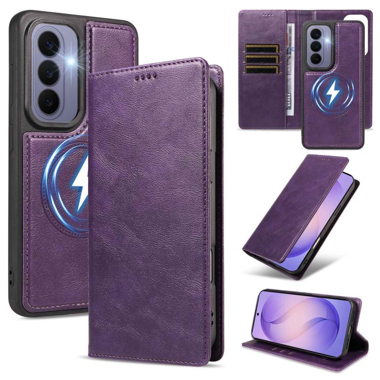 Custodia per telefono in ecopelle vegana con texture in pelle bovina, protezione RFID, rimovibile e magnetica 2 in 1., For Galaxy S26+ 5G, For Galaxy S26 Ultra 5G, For Galaxy S26 5G, For Galaxy S25 FE 5G