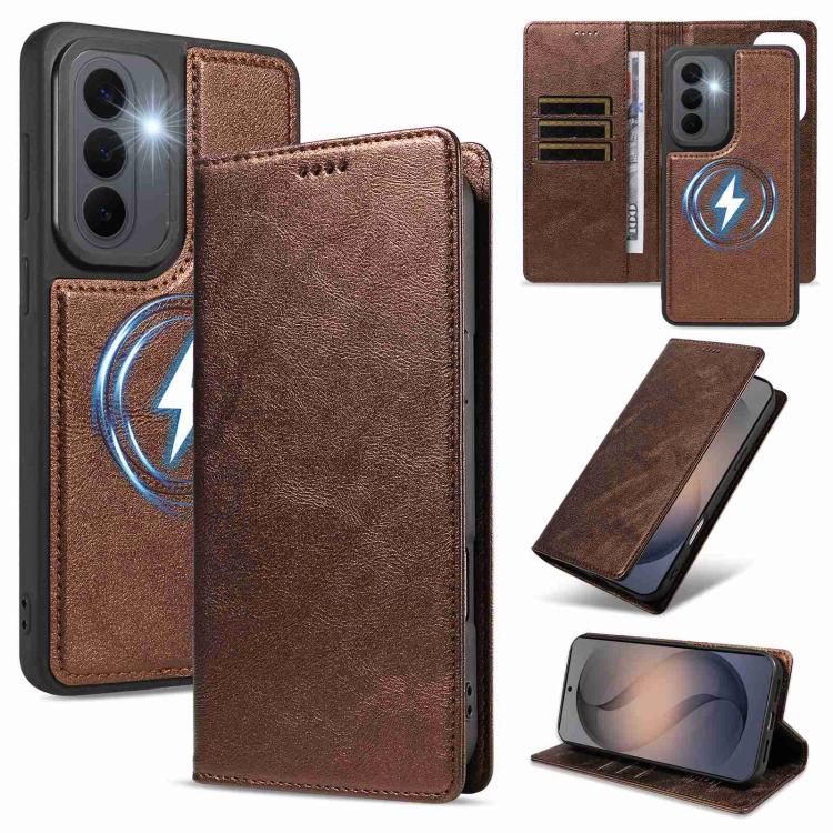 Custodia per telefono in ecopelle vegana con texture in pelle bovina, protezione RFID, rimovibile e magnetica 2 in 1., For Galaxy S26+ 5G, For Galaxy S26 Ultra 5G, For Galaxy S26 5G, For Galaxy S25 FE 5G