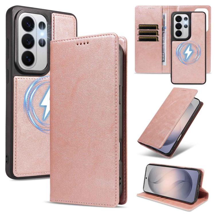 Custodia per telefono in ecopelle vegana con texture in pelle bovina, protezione RFID, rimovibile e magnetica 2 in 1., For Galaxy S26+ 5G, For Galaxy S26 Ultra 5G, For Galaxy S26 5G, For Galaxy S25 FE 5G