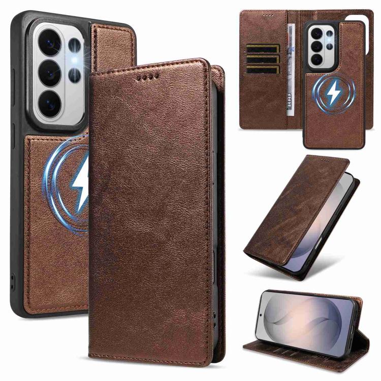 Custodia per telefono in ecopelle vegana con texture in pelle bovina, protezione RFID, rimovibile e magnetica 2 in 1., For Galaxy S26+ 5G, For Galaxy S26 Ultra 5G, For Galaxy S26 5G, For Galaxy S25 FE 5G