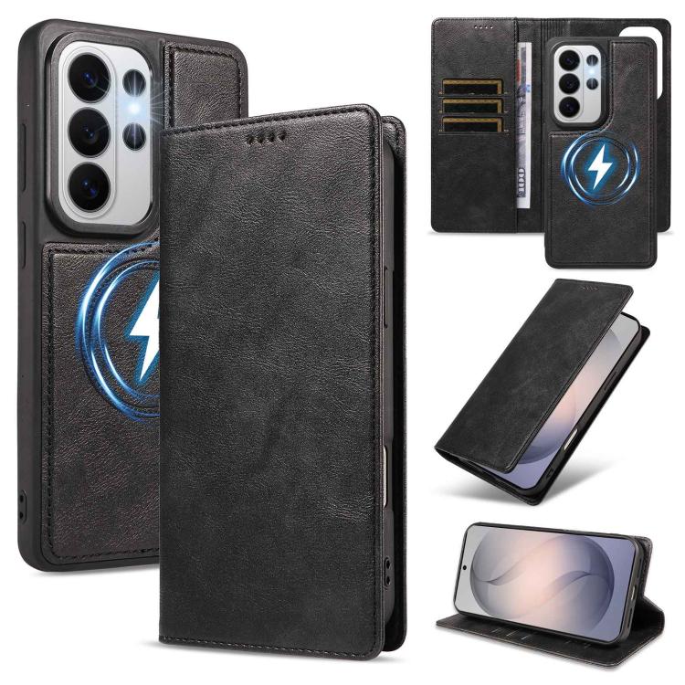 Custodia per telefono in ecopelle vegana con texture in pelle bovina, protezione RFID, rimovibile e magnetica 2 in 1., For Galaxy S26+ 5G, For Galaxy S26 Ultra 5G, For Galaxy S26 5G, For Galaxy S25 FE 5G