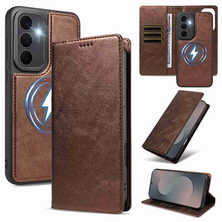 Custodia per telefono in ecopelle vegana con texture in pelle bovina, protezione RFID, rimovibile e magnetica 2 in 1., For Galaxy S26+ 5G, For Galaxy S26 Ultra 5G, For Galaxy S26 5G, For Galaxy S25 FE 5G