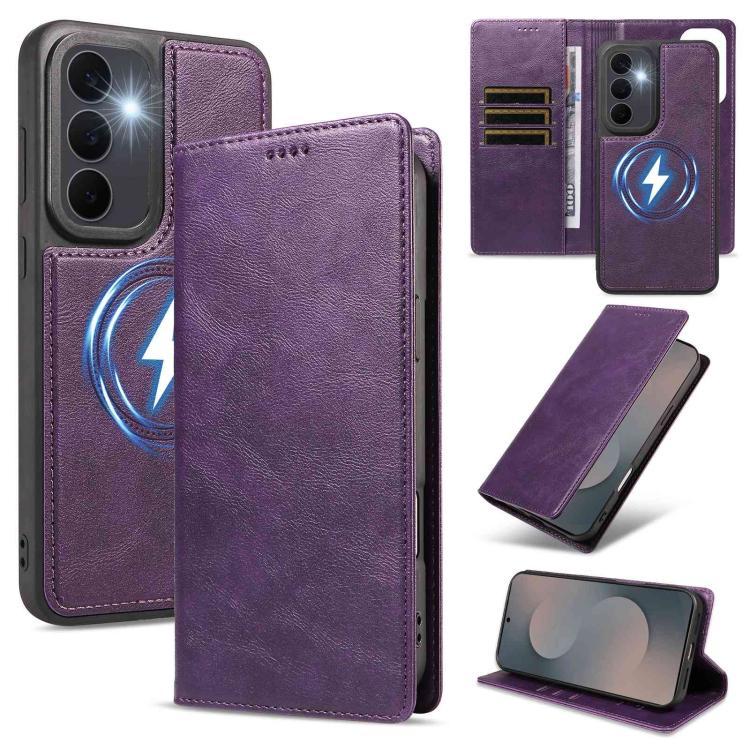 Custodia per telefono in ecopelle vegana con texture in pelle bovina, protezione RFID, rimovibile e magnetica 2 in 1., For Galaxy S26+ 5G, For Galaxy S26 Ultra 5G, For Galaxy S26 5G, For Galaxy S25 FE 5G
