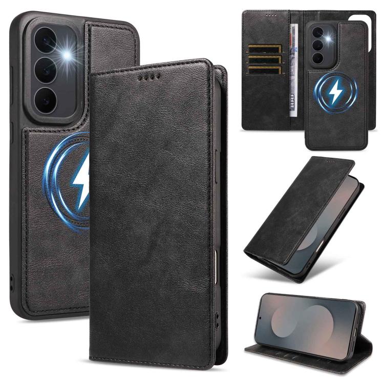 Custodia per telefono in ecopelle vegana con texture in pelle bovina, protezione RFID, rimovibile e magnetica 2 in 1., For Galaxy S26+ 5G, For Galaxy S26 Ultra 5G, For Galaxy S26 5G, For Galaxy S25 FE 5G