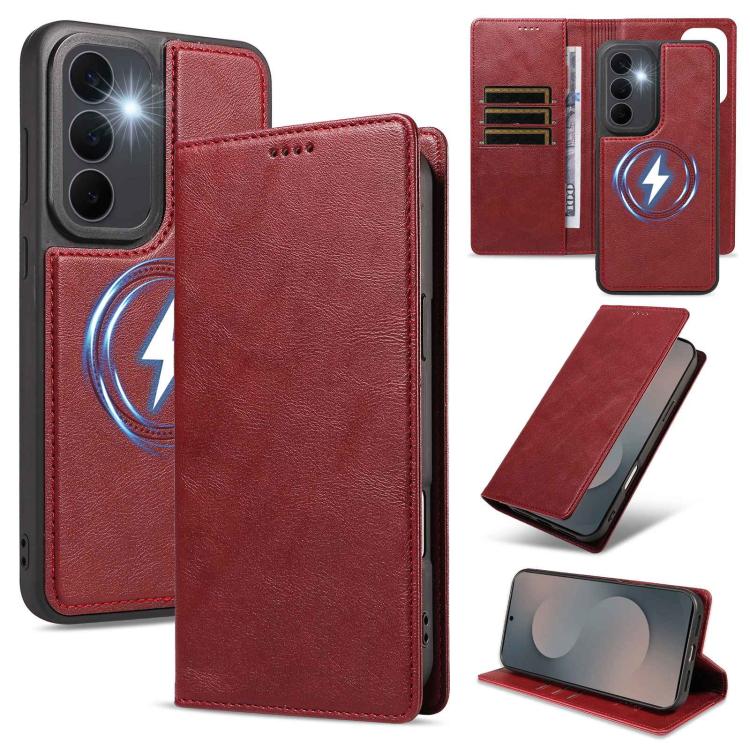 Custodia per telefono in ecopelle vegana con texture in pelle bovina, protezione RFID, rimovibile e magnetica 2 in 1., For Galaxy S26+ 5G, For Galaxy S26 Ultra 5G, For Galaxy S26 5G, For Galaxy S25 FE 5G