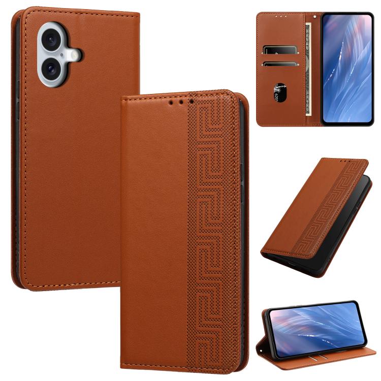 Custodia per telefono in ecopelle con motivo a meandro in rilievo e protezione RFID., For iPhone 16 Plus, For iPhone 16, For iPhone 15 Pro Max