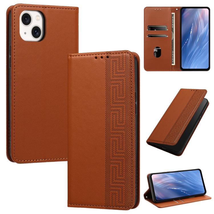 Custodia per telefono in ecopelle con motivo a meandro in rilievo e protezione RFID., For iPhone 15 Pro, For iPhone 15 Plus / 14 Plus, For iPhone 15