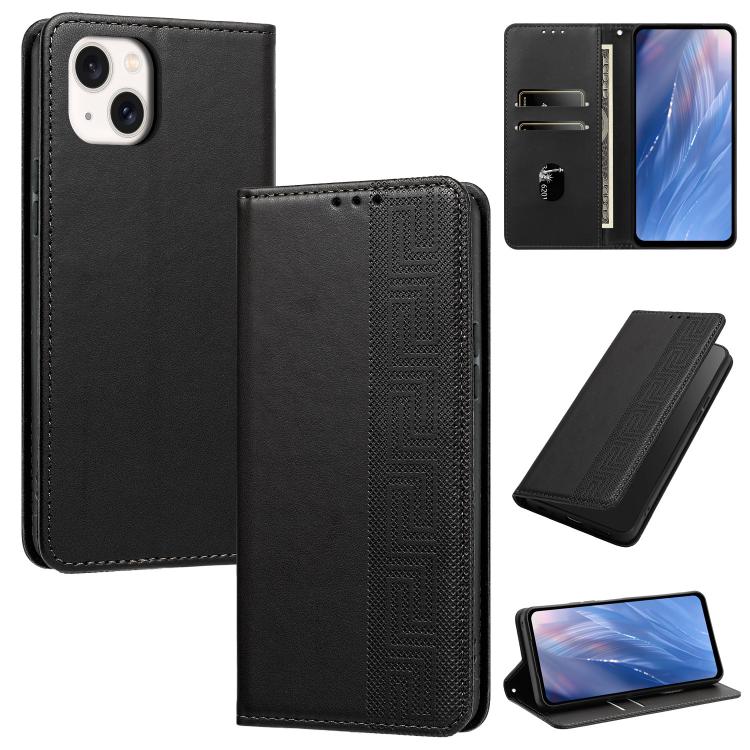 Custodia per telefono in ecopelle con motivo a meandro in rilievo e protezione RFID., For iPhone 14 / 13, For iPhone 14 Pro Max, For iPhone 14 Pro