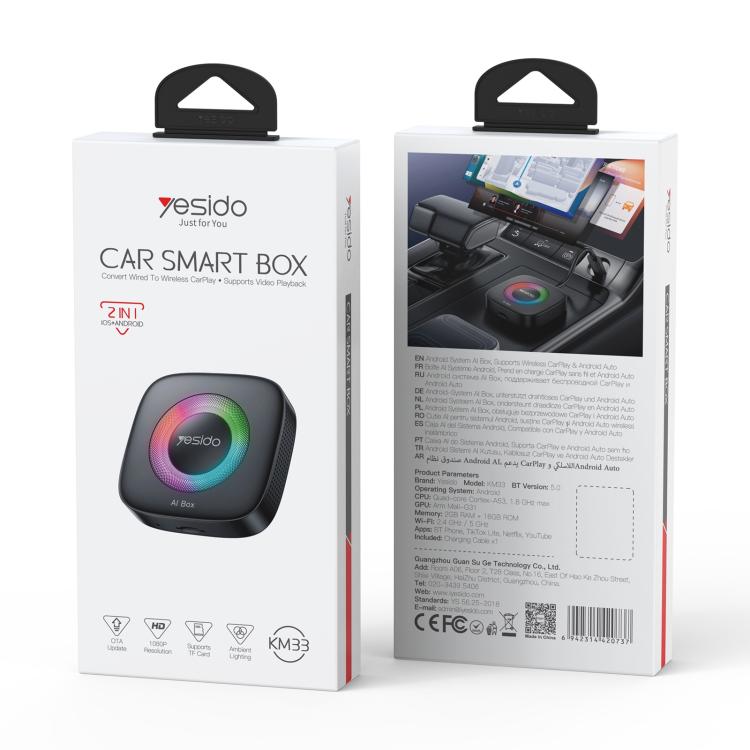 Yesido KM33 Wired to Wireless CarPlay and Android Auto Car AI Smart Box Adapter with RGB Light, KM33