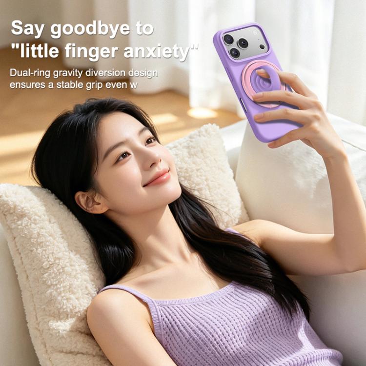 Supporto magnetico per telefono in silicone liquido con anello grande e rotazione a 360 gradi, a contrasto di colore.
