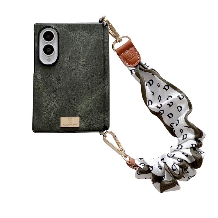 Custodia per telefono con targhetta e nome, motivo Crazy Horse, con fibbia laterale e asse magnetico, e catena in tessuto fai da te., For Galaxy Z Fold8 5G