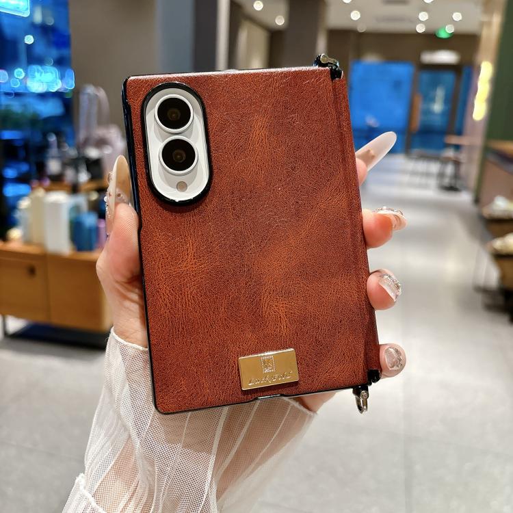 Custodia per telefono con targhetta personalizzata, chiusura laterale con fibbia magnetica e motivo Crazy Horse., For Galaxy Z Fold8 5G