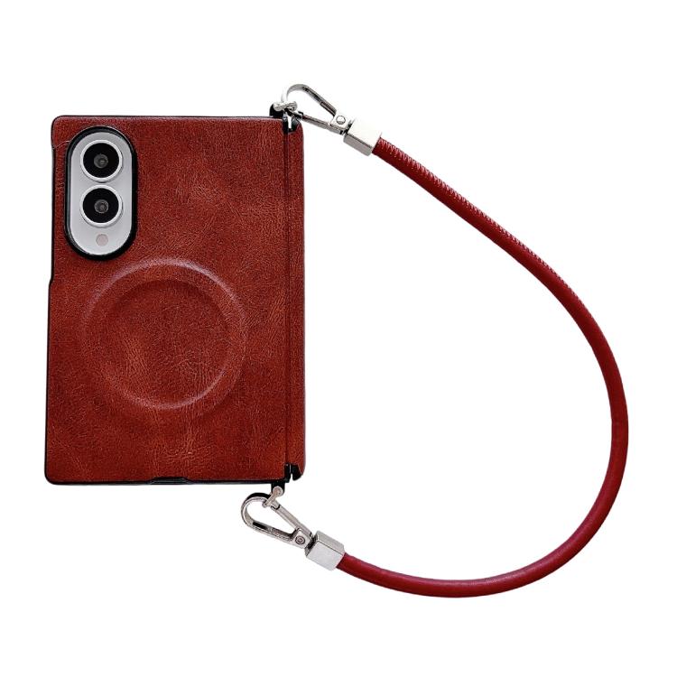 Custodia per telefono in pelle con cinturino da polso e chiusura a cerniera laterale, motivo Crazy Horse, anello magnetico., For Galaxy Z Fold8 5G