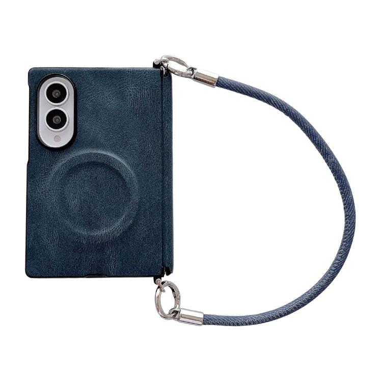 Custodia per telefono in pelle con cinturino da polso e chiusura a cerniera laterale, motivo Crazy Horse, anello magnetico., For Galaxy Z Fold8 5G