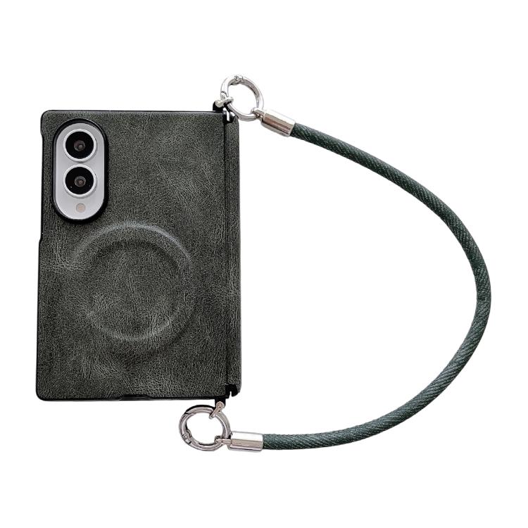 Custodia per telefono in pelle con cinturino da polso e chiusura a cerniera laterale, motivo Crazy Horse, anello magnetico., For Galaxy Z Fold8 5G