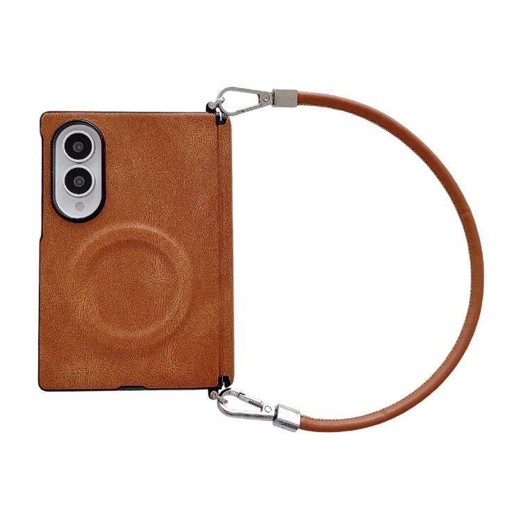 Custodia per telefono in pelle con cinturino da polso e chiusura a cerniera laterale, motivo Crazy Horse, anello magnetico., For Galaxy Z Fold8 5G