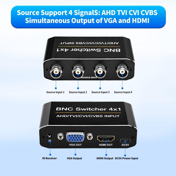 NK-H42 4 in 1 BNC Switcher, Supports AHD / TVI / CVI / CVBS Coaxial CCTV Signals / Simultaneous HDMI / VGA Output, NK-H42