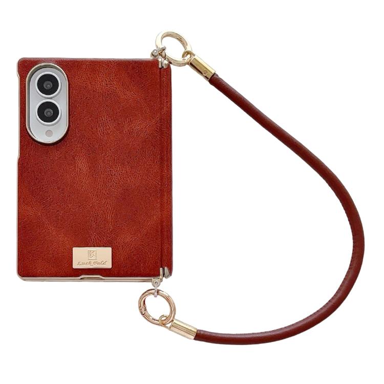 Custodia per telefono con targhetta personalizzata, motivo Crazy Horse, asse magnetico e fibbia laterale galvanizzata, con cinturino da polso., For Galaxy Z Fold8 5G