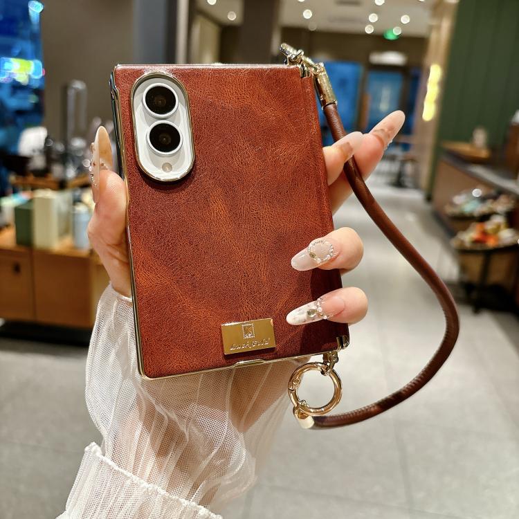 Custodia per telefono con targhetta personalizzata, motivo Crazy Horse, asse magnetico e fibbia laterale galvanizzata, con cinturino da polso., For Galaxy Z Fold8 5G