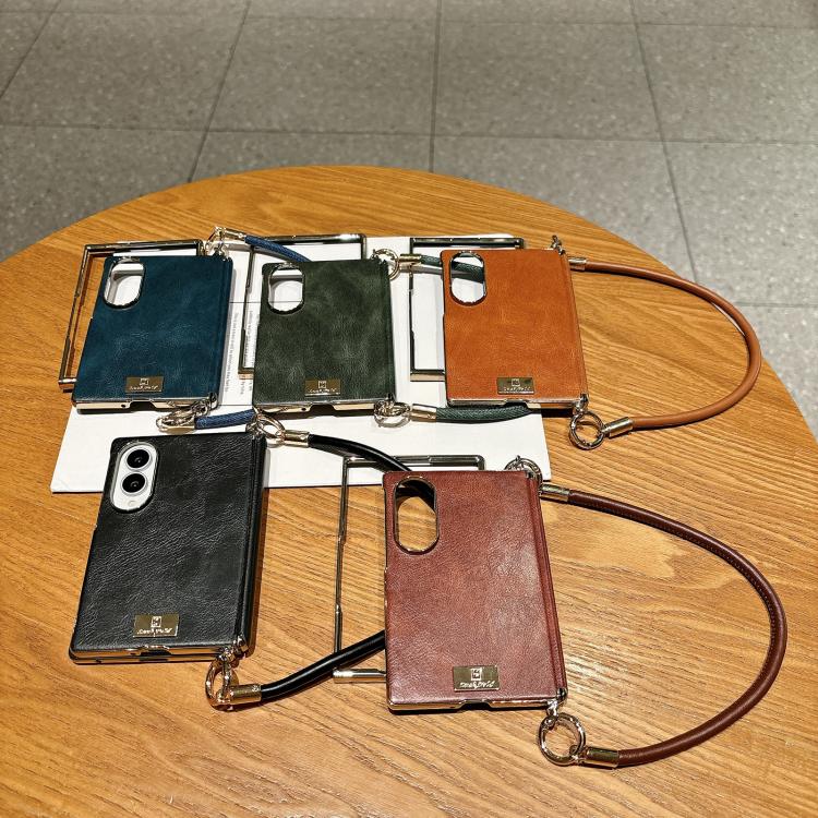 Custodia per telefono con targhetta personalizzata, motivo Crazy Horse, asse magnetico e fibbia laterale galvanizzata, con cinturino da polso., For Galaxy Z Fold8 5G