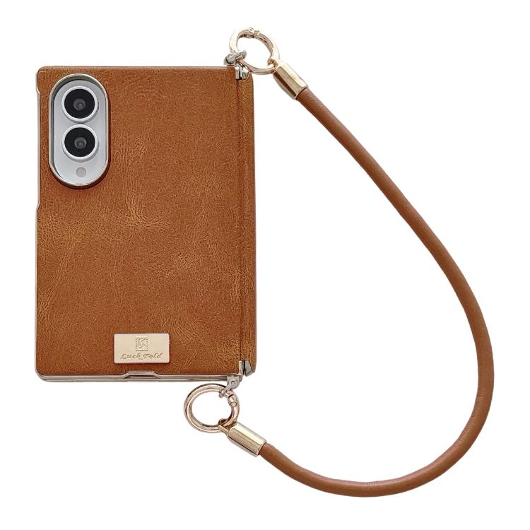 Custodia per telefono con targhetta personalizzata, motivo Crazy Horse, asse magnetico e fibbia laterale galvanizzata, con cinturino da polso., For Galaxy Z Fold8 5G