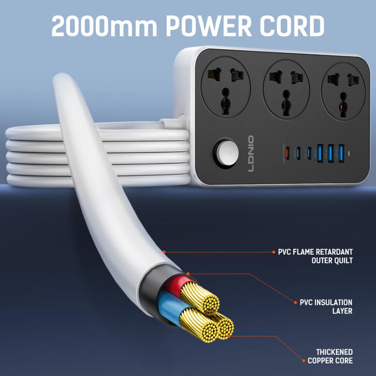 LDNIO SC3604C 2500W 6 x USB Ports 3 x AC Universal Power Socket, Cable Length: 2m, US Plug, EU Plug, UK Plug