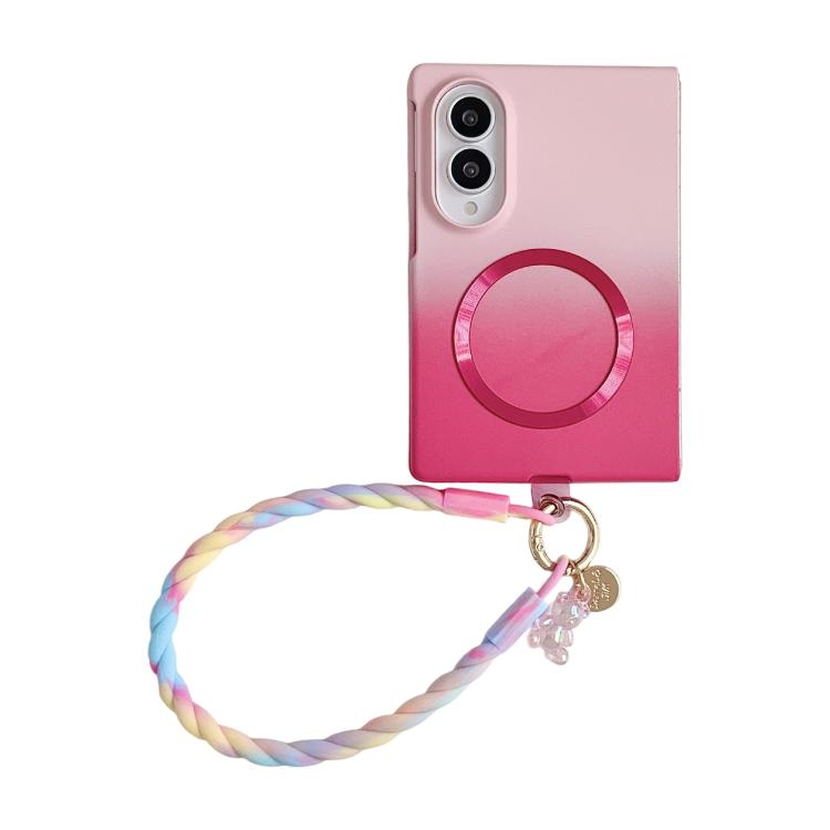 Custodia magnetica per telefono con sfumatura rosa effetto pelle e cinturino da polso fai-da-te, For Galaxy Z Fold8 5G, For Galaxy Z Fold8 Ultra 5G, For Galaxy Z Flip8 5G, For Galaxy Z Fold7 5G, For Galaxy Z Flip7 5G, For Galaxy Z Fold6 5G             ...