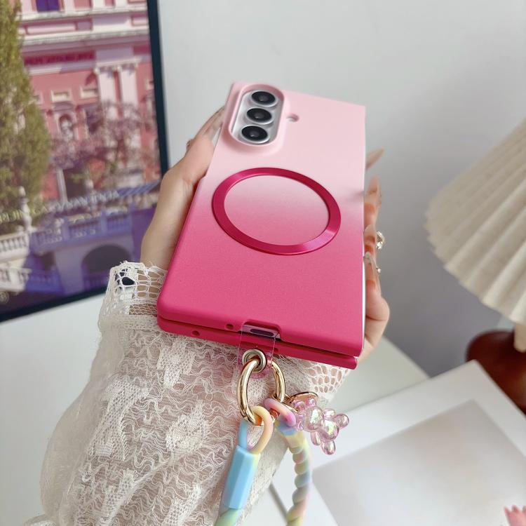 Custodia magnetica per telefono con sfumatura rosa effetto pelle e cinturino da polso fai-da-te, For Galaxy Z Fold8 5G, For Galaxy Z Fold8 Ultra 5G, For Galaxy Z Flip8 5G, For Galaxy Z Fold7 5G, For Galaxy Z Flip7 5G, For Galaxy Z Fold6 5G             ...