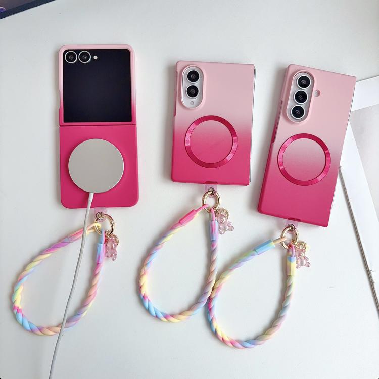 Custodia magnetica per telefono con sfumatura rosa effetto pelle e cinturino da polso fai-da-te, For Galaxy Z Fold8 5G, For Galaxy Z Fold8 Ultra 5G, For Galaxy Z Flip8 5G, For Galaxy Z Fold7 5G, For Galaxy Z Flip7 5G, For Galaxy Z Fold6 5G             ...