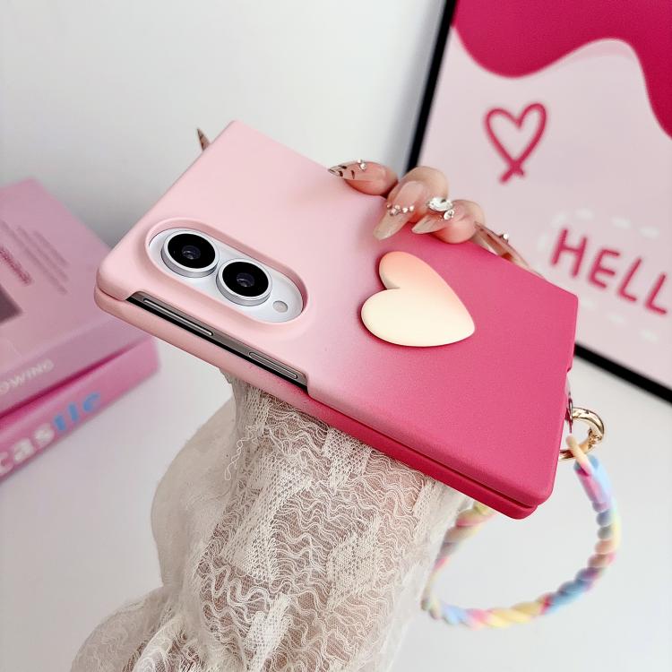 Custodia per telefono fai-da-te a forma di cuore con cinturino da polso, effetto sfumato rosa rosa, con texture effetto pelle., For Galaxy Z Fold8 5G, For Galaxy Z Fold8 Ultra 5G, For Galaxy Z Flip8 5G, For Galaxy Z Fold7 5G, For Galaxy Z Flip7 5G     ...