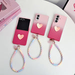 Custodia per telefono fai-da-te a forma di cuore con cinturino da polso, effetto sfumato rosa rosa, con texture effetto pelle., For Galaxy Z Fold8 5G, For Galaxy Z Fold8 Ultra 5G, For Galaxy Z Flip8 5G, For Galaxy Z Fold7 5G, For Galaxy Z Flip7 5G     ...