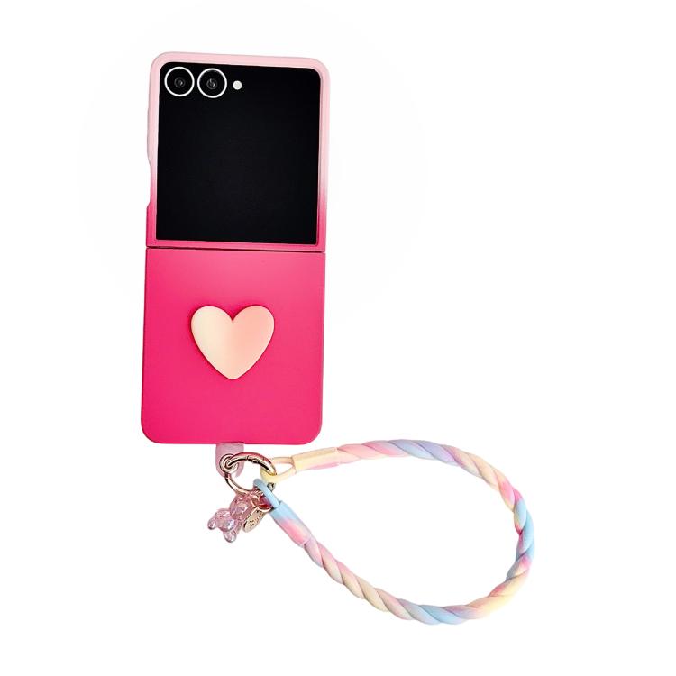 Custodia per telefono fai-da-te a forma di cuore con cinturino da polso, effetto sfumato rosa rosa, con texture effetto pelle., For Galaxy Z Fold8 5G, For Galaxy Z Fold8 Ultra 5G, For Galaxy Z Flip8 5G, For Galaxy Z Fold7 5G, For Galaxy Z Flip7 5G     ...