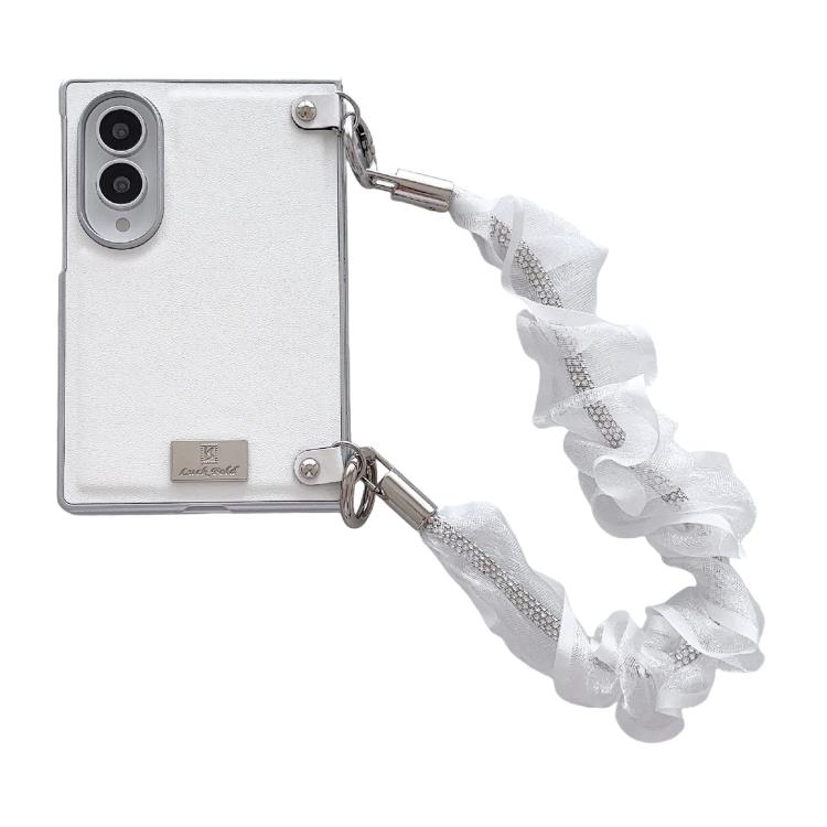 Custodia per telefono Morandi in similpelle tinta unita con texture e cinturino da polso, con targhetta argentata., For Galaxy Z Fold8 5G