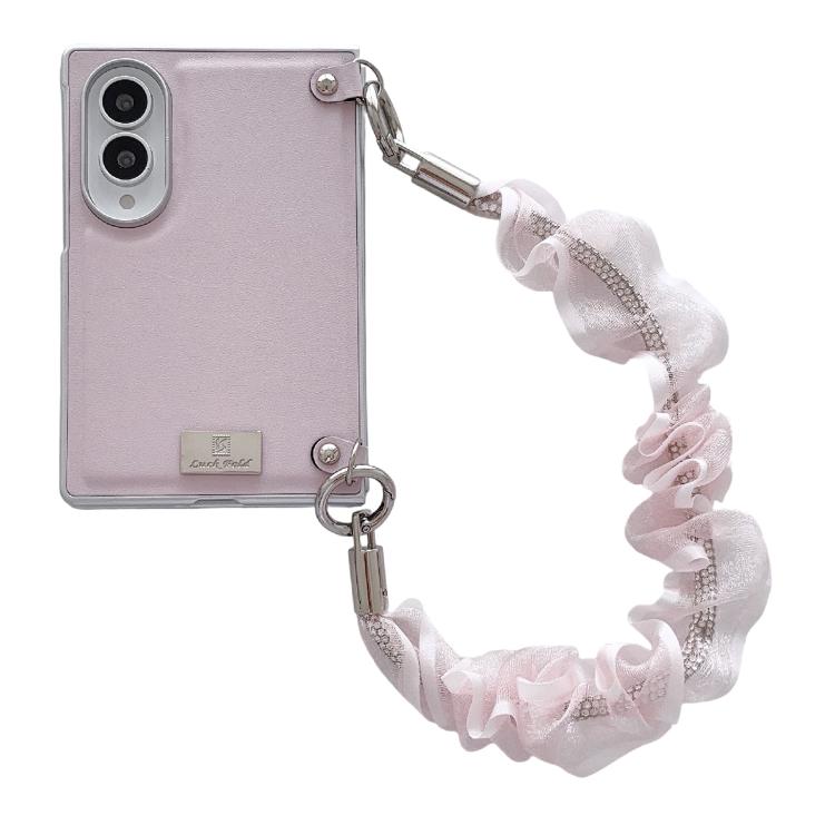 Custodia per telefono Morandi in similpelle tinta unita con texture e cinturino da polso, con targhetta argentata., For Galaxy Z Fold8 5G
