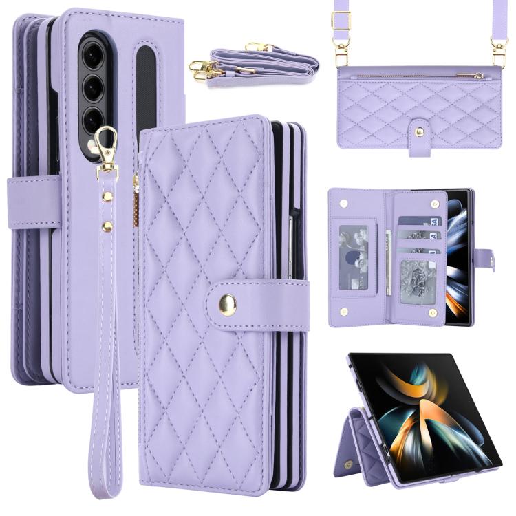 Portafoglio con cerniera, custodia per telefono in ecopelle romboidale con scomparto per penna., For Galaxy Z Fold4, For Galaxy Z Fold3 5G