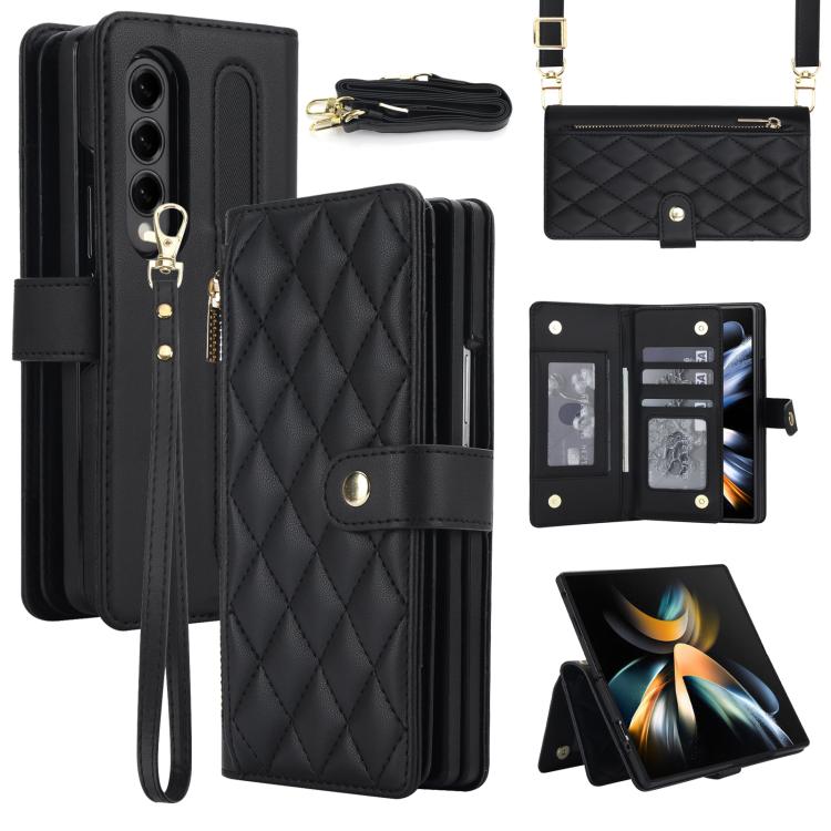 Portafoglio con cerniera, custodia per telefono in ecopelle romboidale con scomparto per penna., For Galaxy Z Fold8 Ultra 5G, For Galaxy Z Fold7 5G, For Galaxy Z Fold6, For Galaxy Z Fold5
