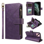 P03 Custodia per telefono in similpelle di vitello con 9 scomparti per carte, chiusura a cerniera e cinturino da polso, For iPhone 15, For iPhone 14 Plus, For iPhone 14 / 13, For iPhone 14 Pro