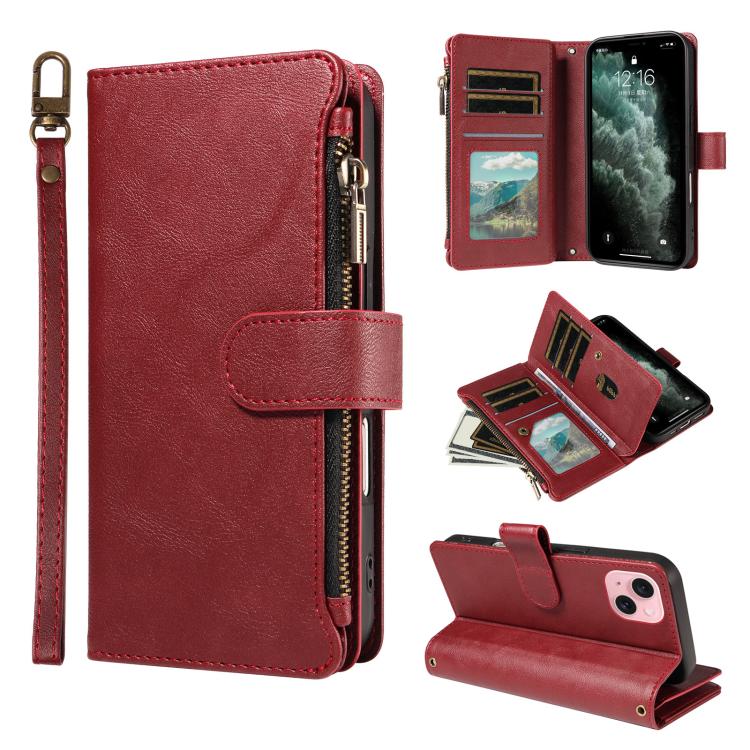 P03 Custodia per telefono in similpelle di vitello con 9 scomparti per carte, chiusura a cerniera e cinturino da polso, For iPhone 15, For iPhone 14 Plus, For iPhone 14 / 13, For iPhone 14 Pro