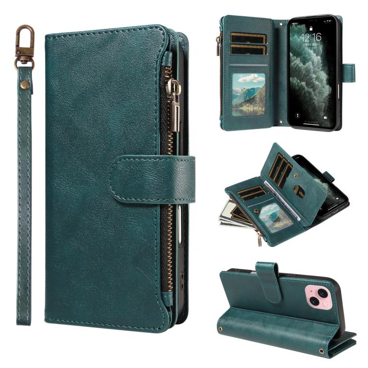 P03 Custodia per telefono in similpelle di vitello con 9 scomparti per carte, chiusura a cerniera e cinturino da polso, For iPhone 15, For iPhone 14 Plus, For iPhone 14 / 13, For iPhone 14 Pro